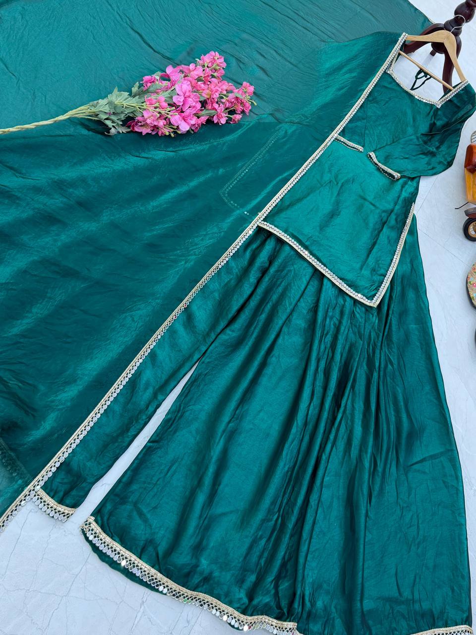 Green Color Party Wear Silk Designer Palazzo Suit