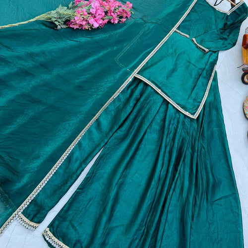 Green Color Party Wear Silk Designer Palazzo Suit