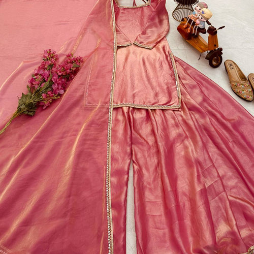 Peach Color Party Wear Silk Designer Palazzo Suit
