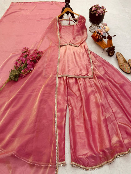 Peach Color Party Wear Silk Designer Palazzo Suit