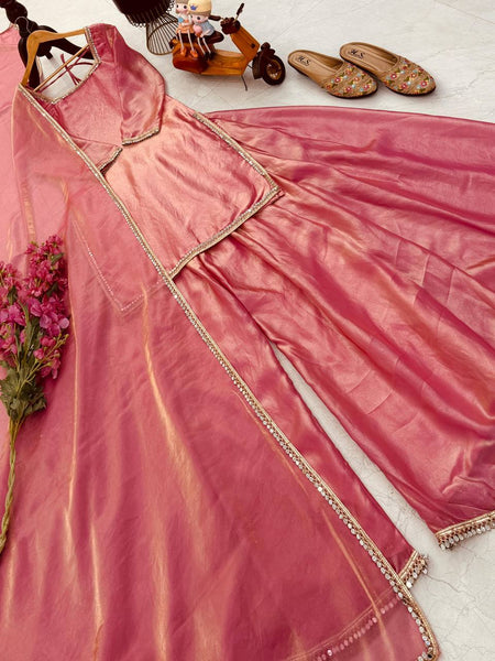 Peach Color Party Wear Silk Designer Palazzo Suit