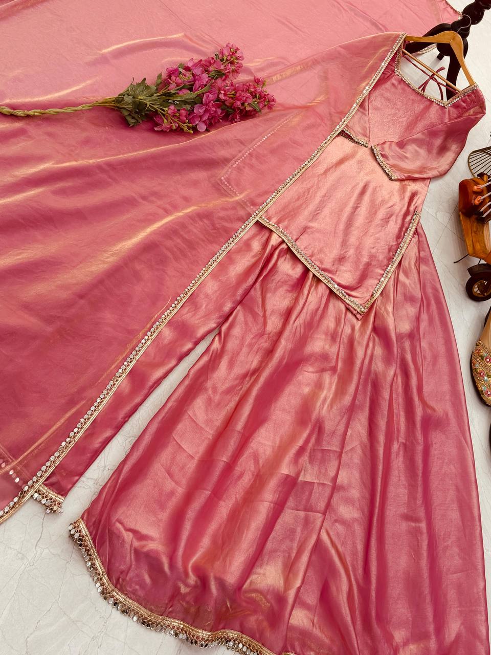 Peach Color Party Wear Silk Designer Palazzo Suit