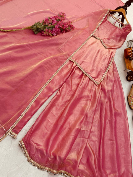 Peach Color Party Wear Silk Designer Palazzo Suit