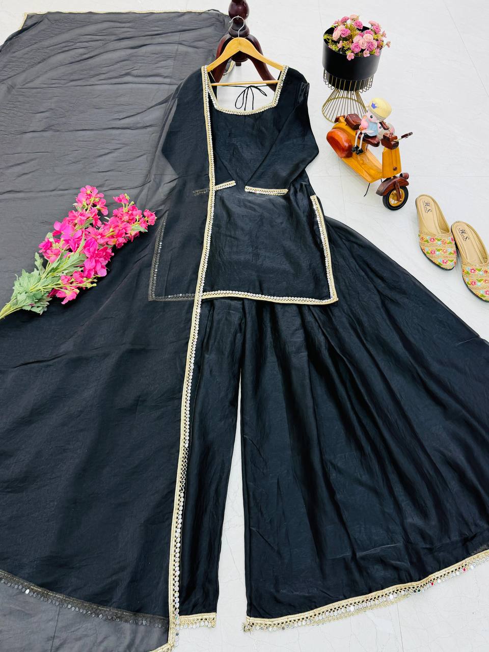 Black Color Party Wear Silk Designer Palazzo Suit