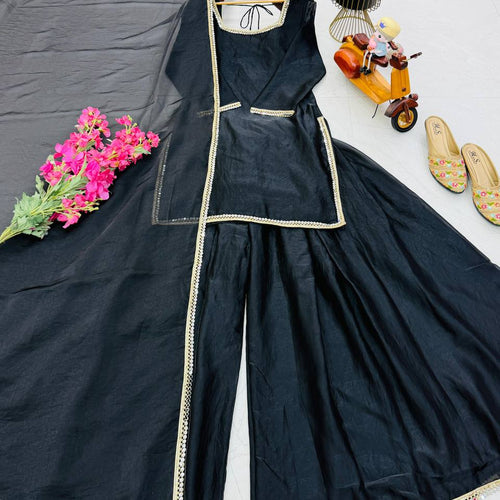 Black Color Party Wear Silk Designer Palazzo Suit