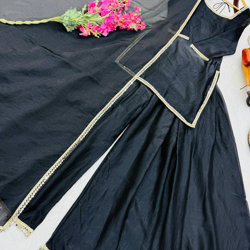 Black Color Party Wear Silk Designer Palazzo Suit