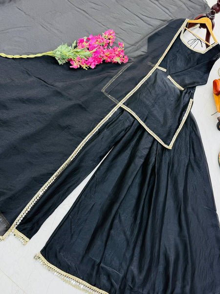 Black Color Party Wear Silk Designer Palazzo Suit