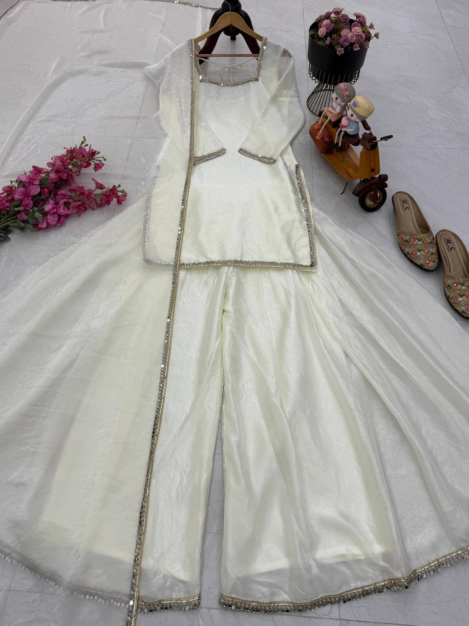 White Color Party Wear Silk Designer Palazzo Suit