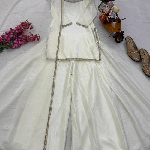 White Color Party Wear Silk Designer Palazzo Suit