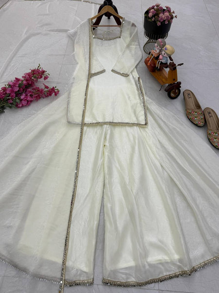 White Color Party Wear Silk Designer Palazzo Suit