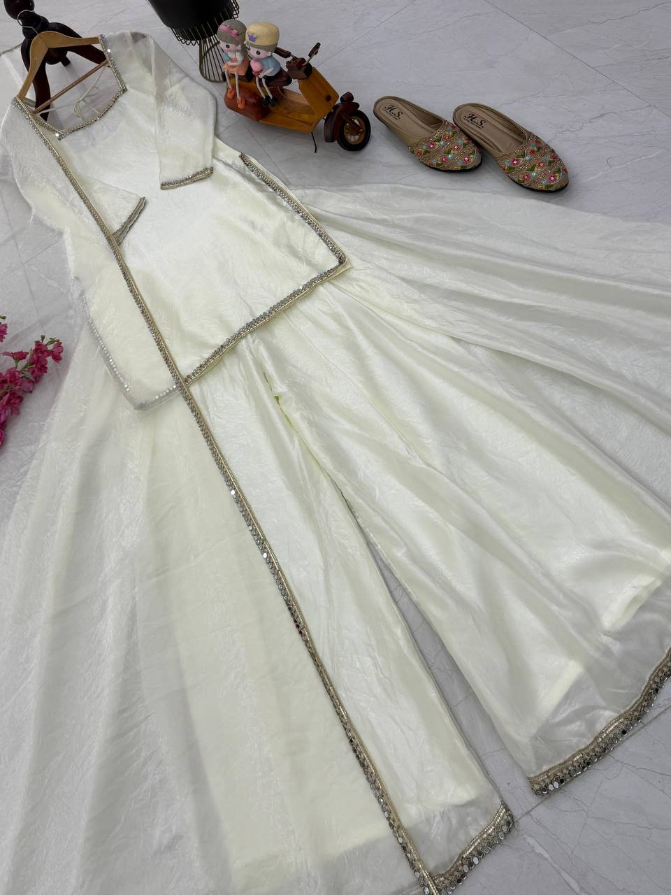 White Color Party Wear Silk Designer Palazzo Suit