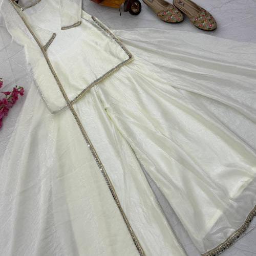 White Color Party Wear Silk Designer Palazzo Suit