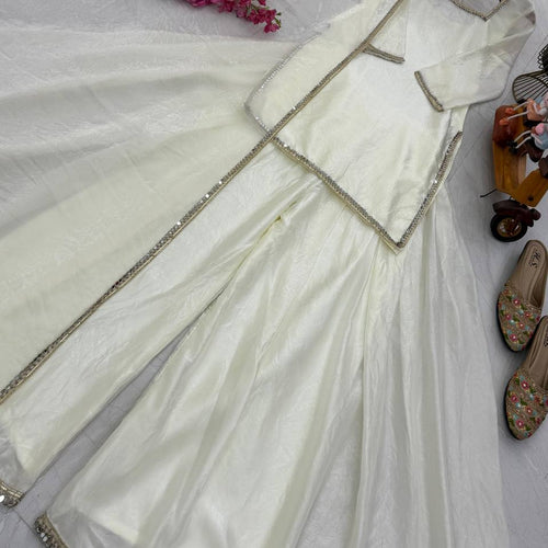 White Color Party Wear Silk Designer Palazzo Suit