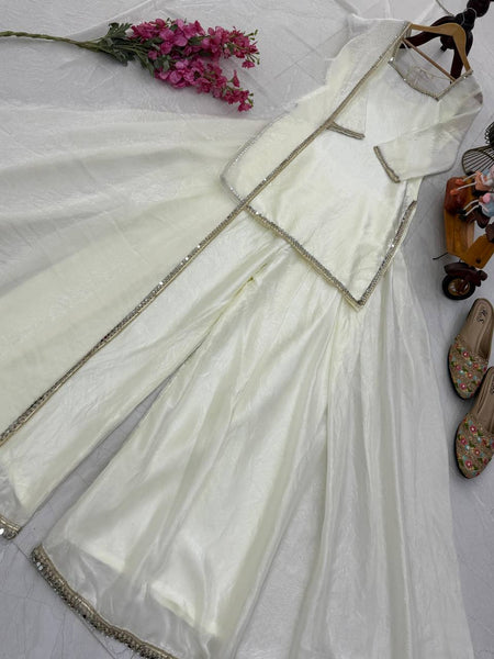 White Color Party Wear Silk Designer Palazzo Suit