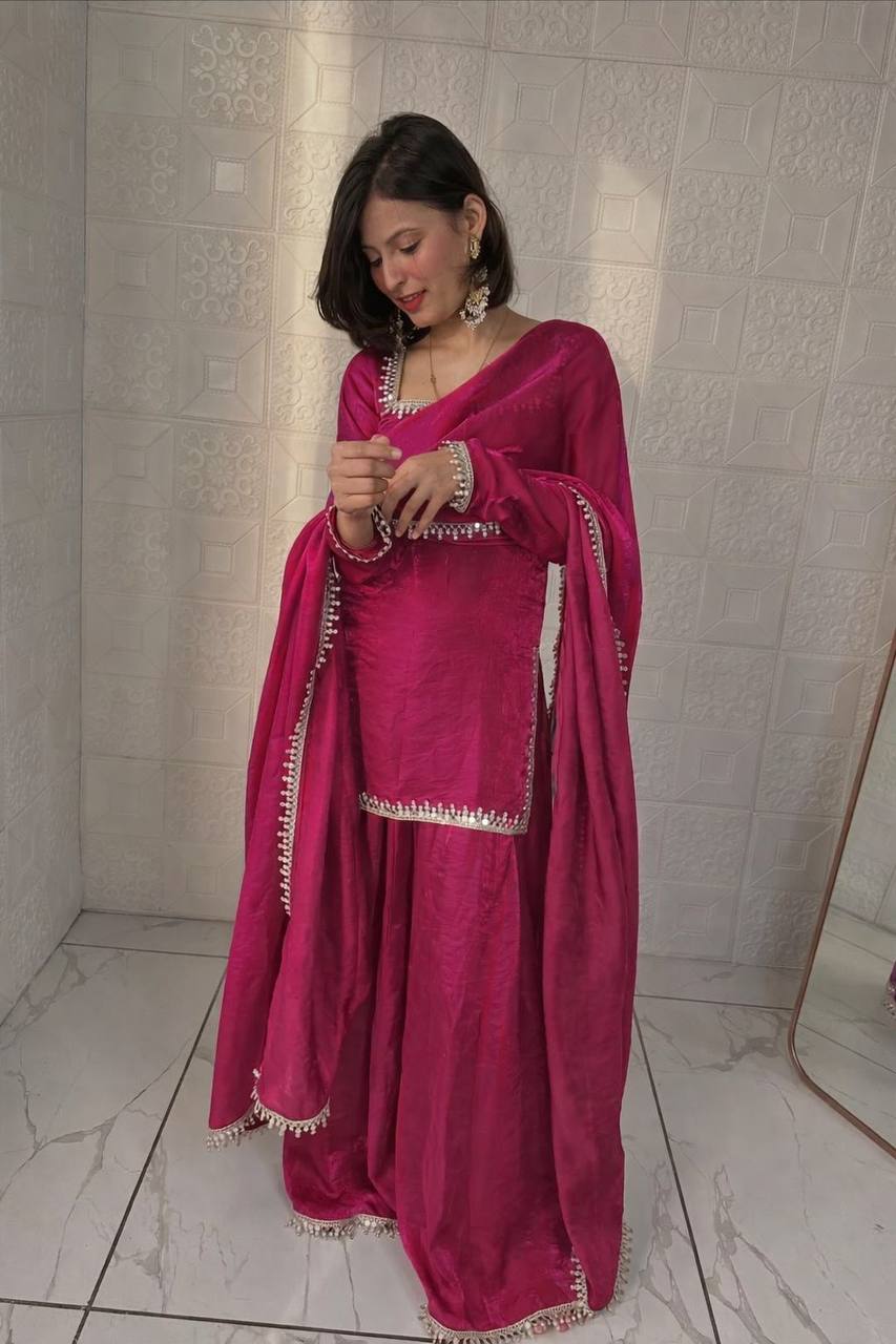 Pink Color Party Wear Silk Designer Palazzo Suit