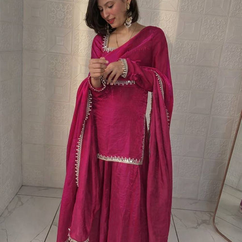Pink Color Party Wear Silk Designer Palazzo Suit