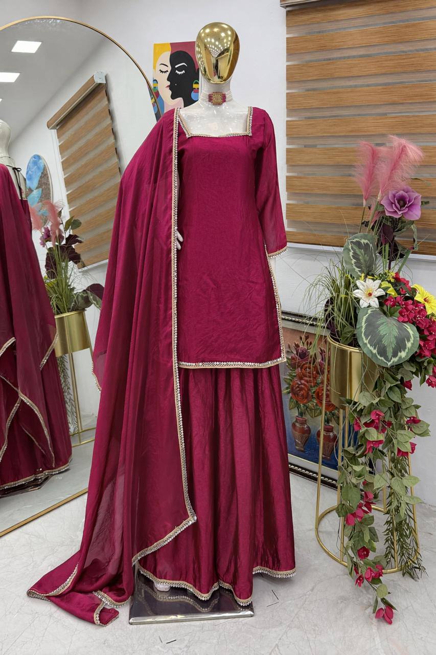 Pink Color Party Wear Silk Designer Palazzo Suit