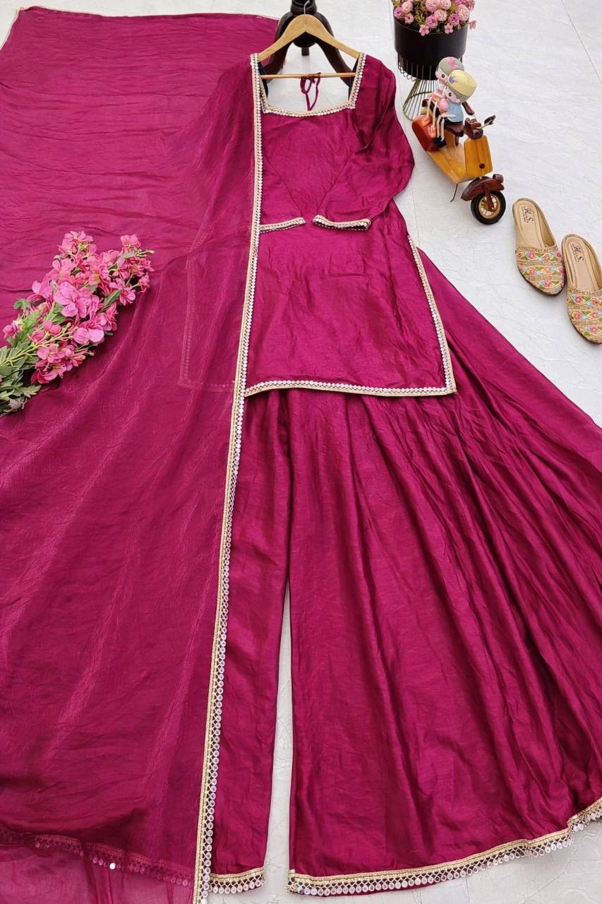 Pink Color Party Wear Silk Designer Palazzo Suit