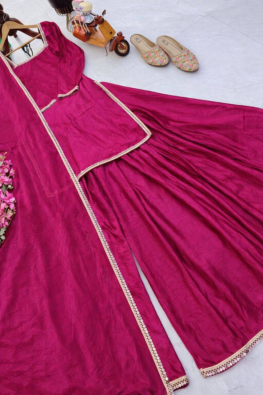 Pink Color Party Wear Silk Designer Palazzo Suit