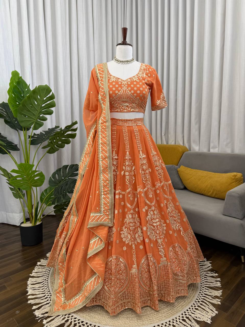 Light Orange Color Wedding Wear Heavy Georgette Lehenga Choli