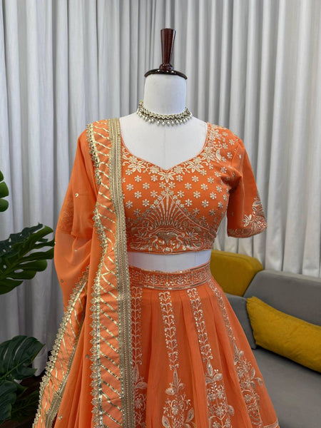 Light Orange Color Wedding Wear Heavy Georgette Lehenga Choli