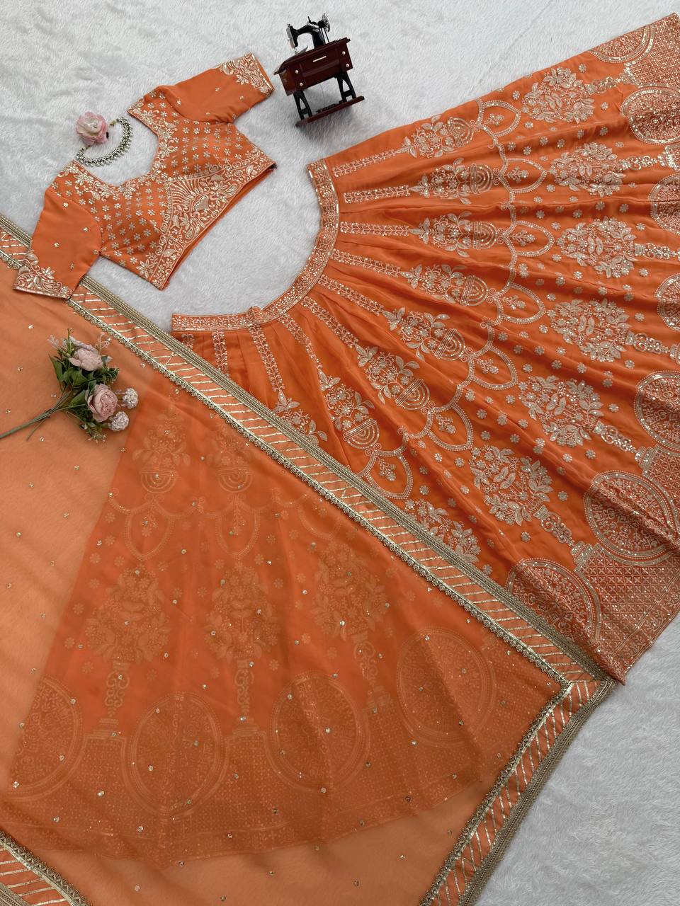 Light Orange Color Wedding Wear Heavy Georgette Lehenga Choli