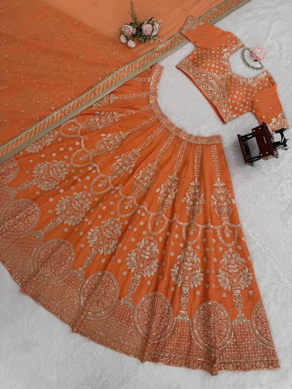 Light Orange Color Wedding Wear Heavy Georgette Lehenga Choli