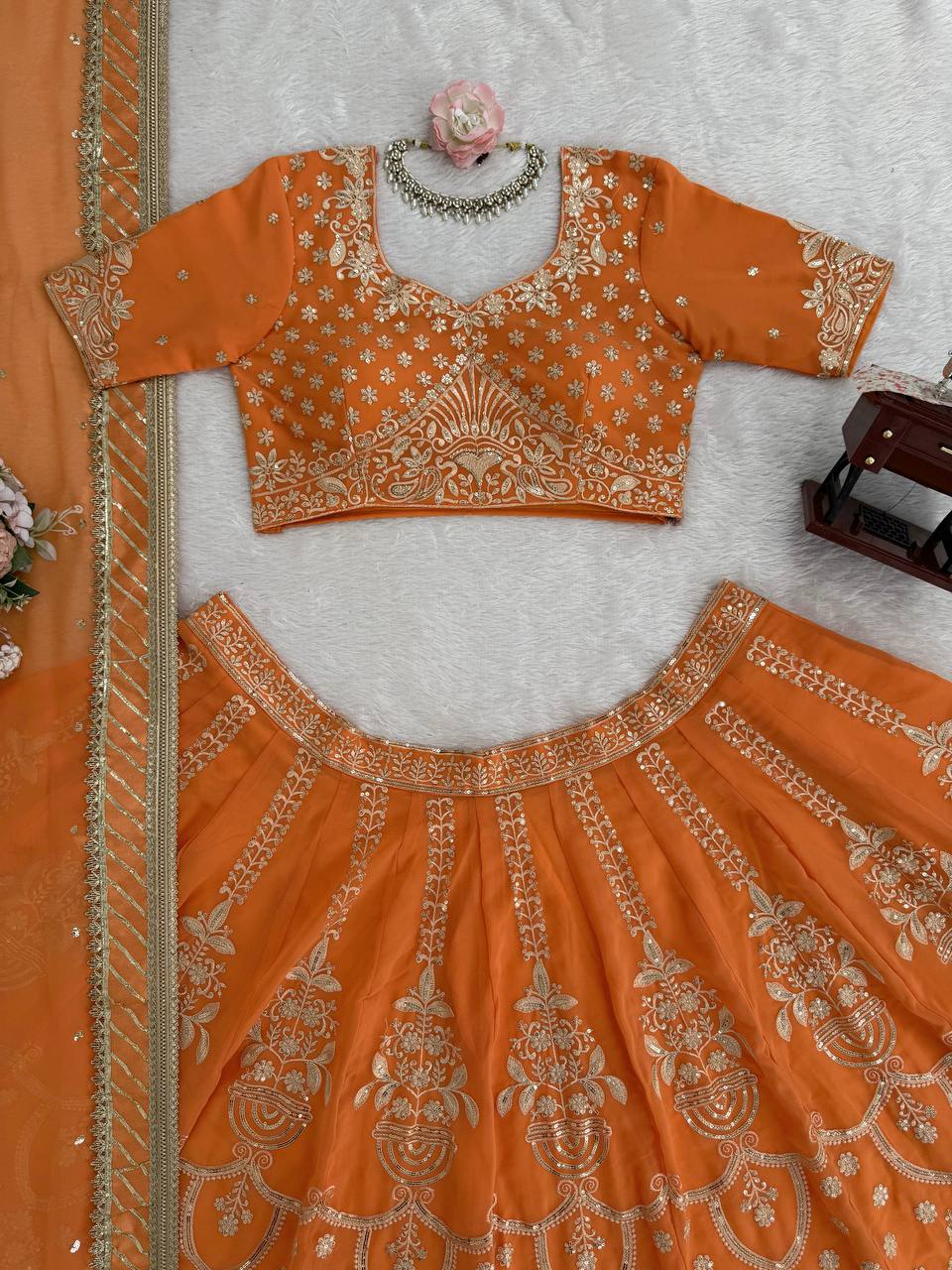 Light Orange Color Wedding Wear Heavy Georgette Lehenga Choli