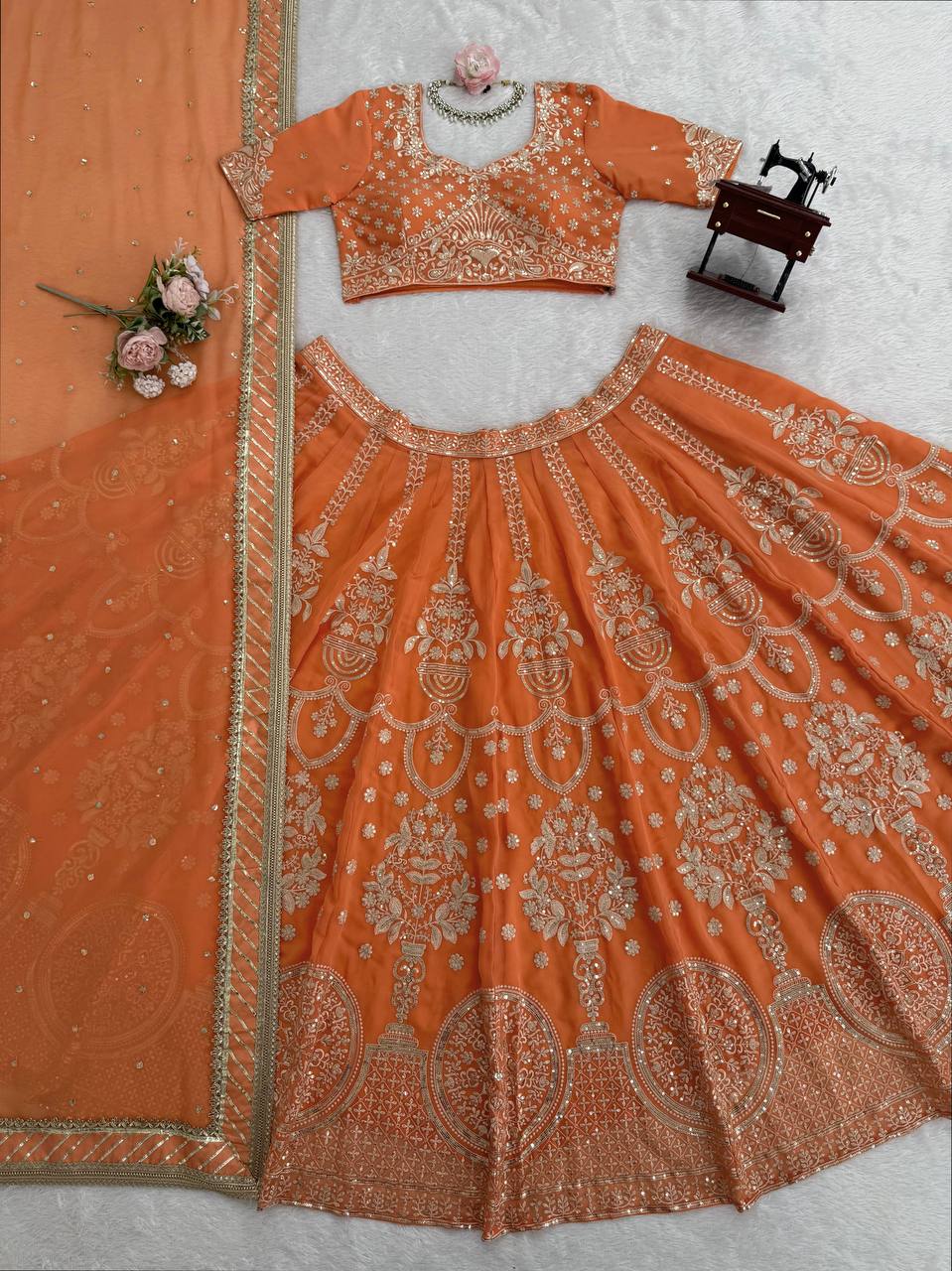 Light Orange Color Wedding Wear Heavy Georgette Lehenga Choli