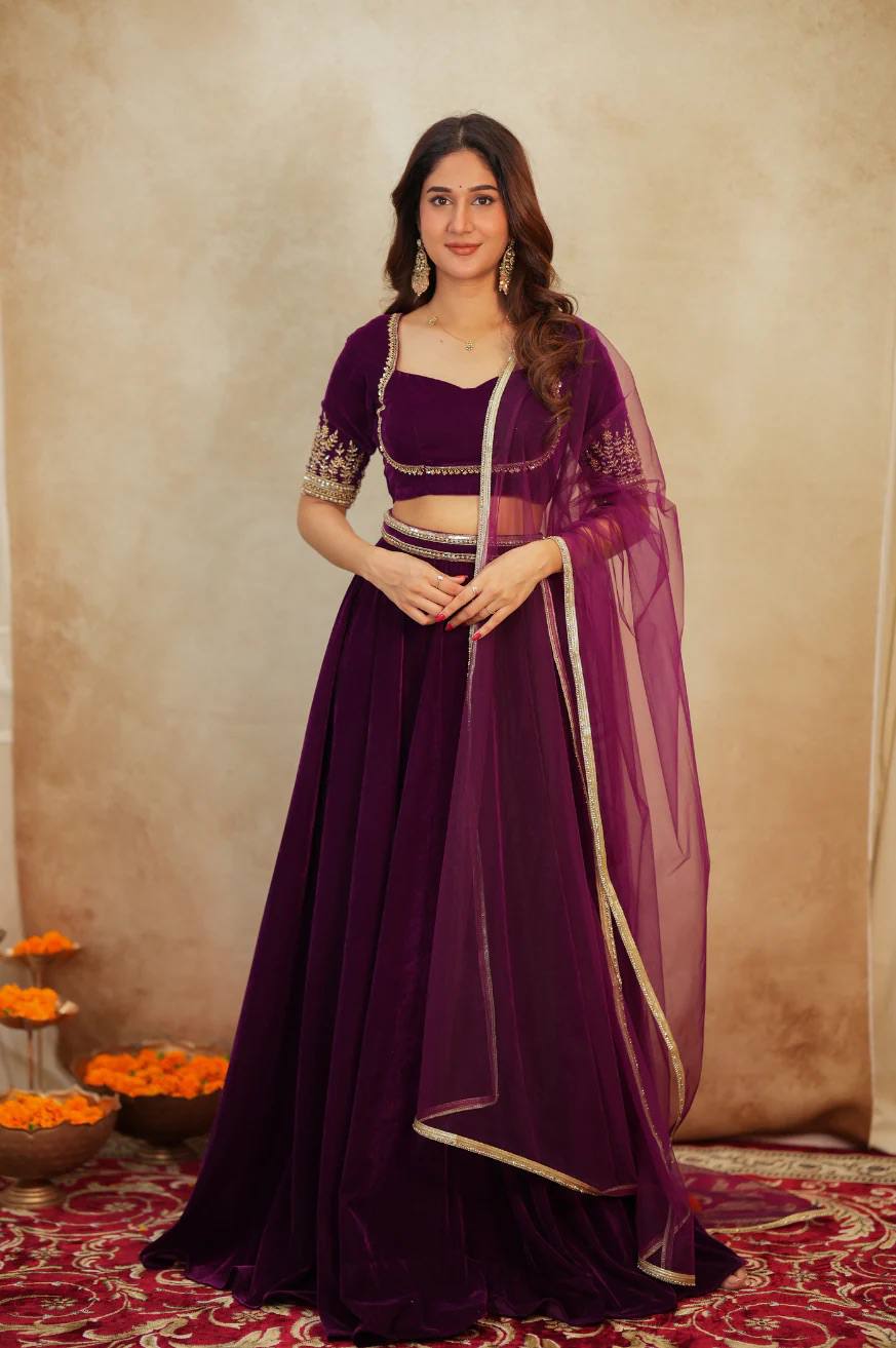 Dark Pink Color Velvet Designer Wedding Wear Lehenga Choli