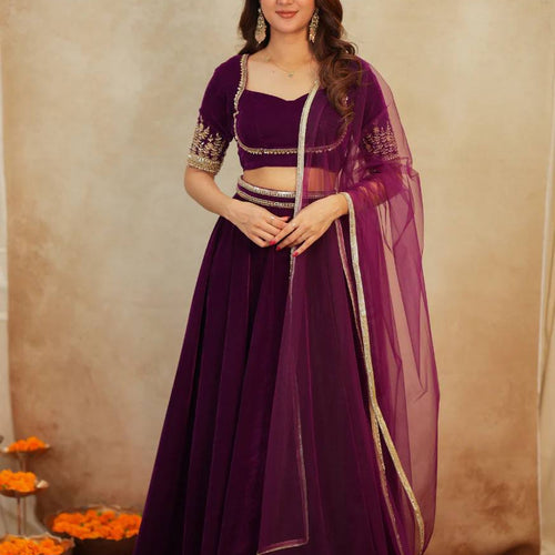Dark Pink Color Velvet Designer Wedding Wear Lehenga Choli