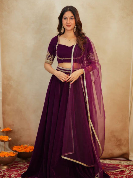 Dark Pink Color Velvet Designer Wedding Wear Lehenga Choli