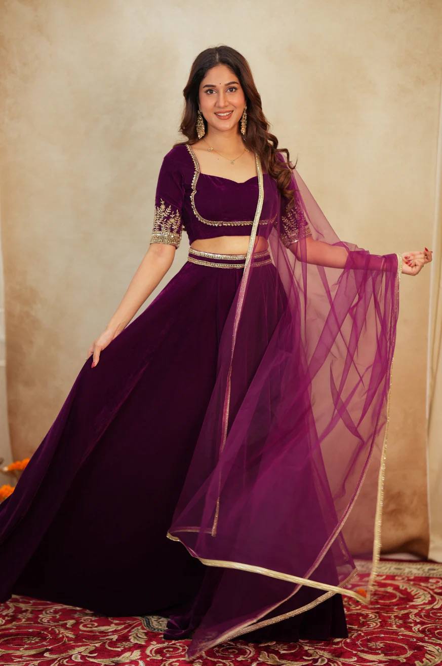 Dark Pink Color Velvet Designer Wedding Wear Lehenga Choli