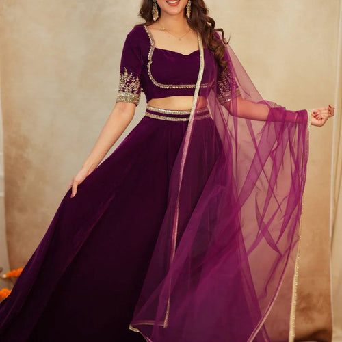 Dark Pink Color Velvet Designer Wedding Wear Lehenga Choli