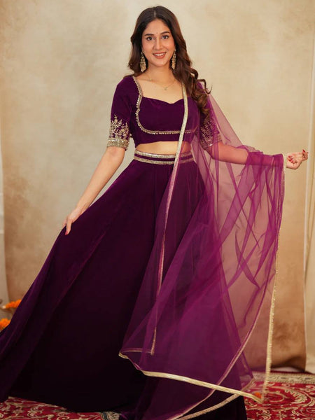 Dark Pink Color Velvet Designer Wedding Wear Lehenga Choli