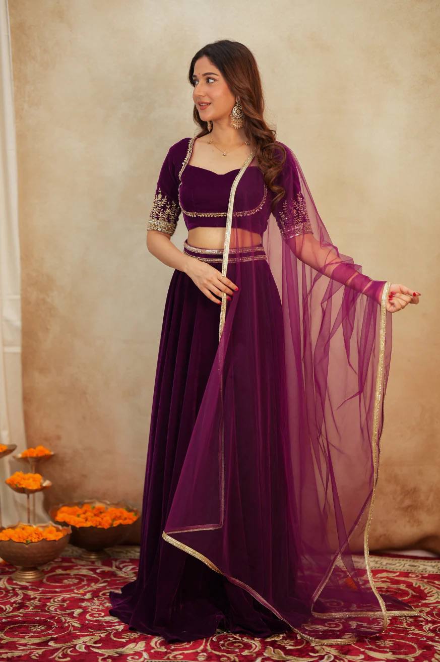 Dark Pink Color Velvet Designer Wedding Wear Lehenga Choli