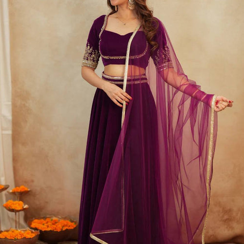 Dark Pink Color Velvet Designer Wedding Wear Lehenga Choli
