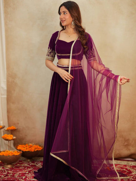 Dark Pink Color Velvet Designer Wedding Wear Lehenga Choli