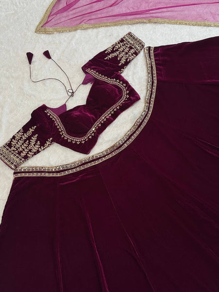 Dark Pink Color Velvet Designer Wedding Wear Lehenga Choli