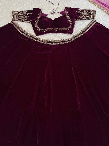 Dark Pink Color Velvet Designer Wedding Wear Lehenga Choli