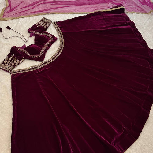 Dark Pink Color Velvet Designer Wedding Wear Lehenga Choli