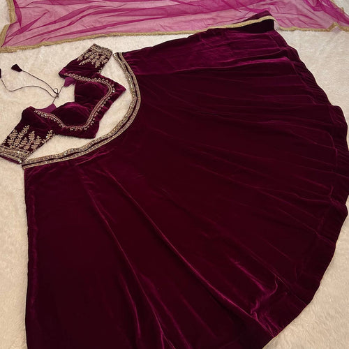 Dark Pink Color Velvet Designer Wedding Wear Lehenga Choli