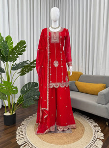 Red Color Sequence Work Designer Georgette Palazzo Suit