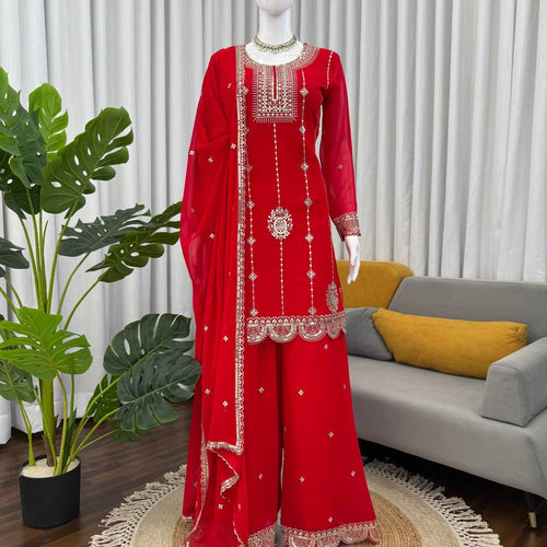 Red Color Sequence Work Designer Georgette Palazzo Suit