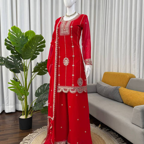 Red Color Sequence Work Designer Georgette Palazzo Suit