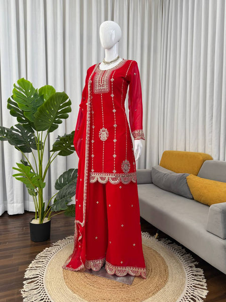 Red Color Sequence Work Designer Georgette Palazzo Suit