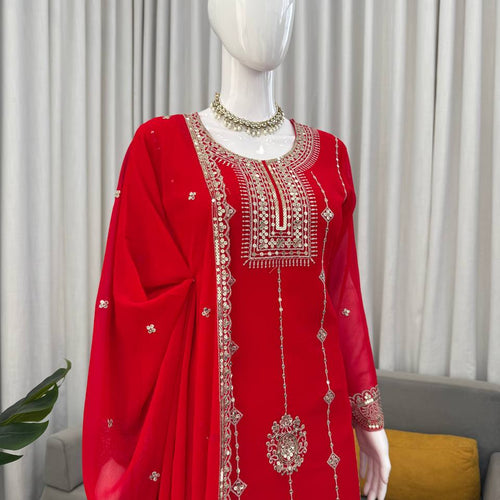 Red Color Sequence Work Designer Georgette Palazzo Suit
