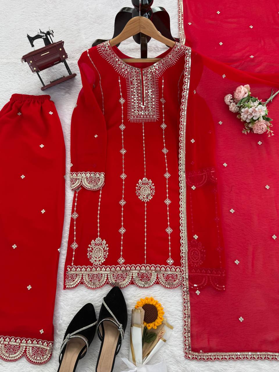 Red Color Sequence Work Designer Georgette Palazzo Suit
