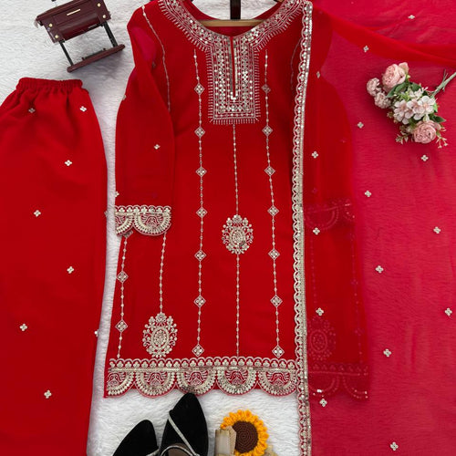 Red Color Sequence Work Designer Georgette Palazzo Suit