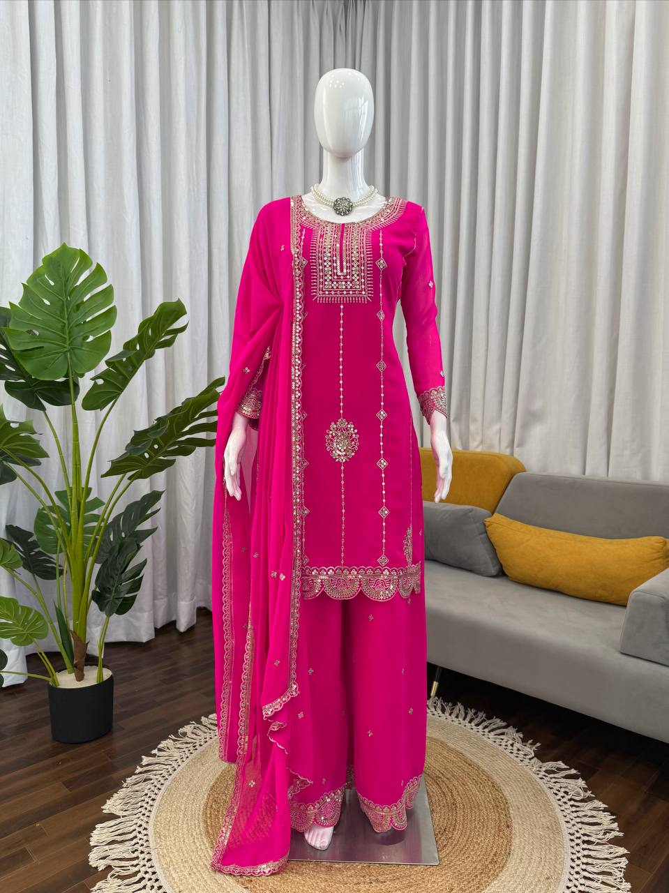 Pink Color Sequence Work Designer Georgette Palazzo Suit